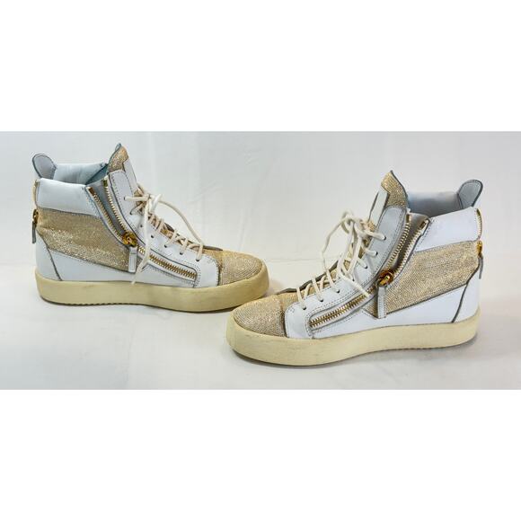 Giusseppi Zanotti Hightop Sneakers Womens 40 10 White Leather Gold Studded Boot - Picture 8 of 16